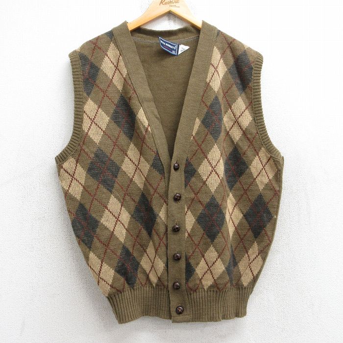 L★古着 ニット ベスト メンズ 90年代 90s アーガイル アクリル USA製 濃ベージュ系他 カーキ 25sep12 中古 トップス