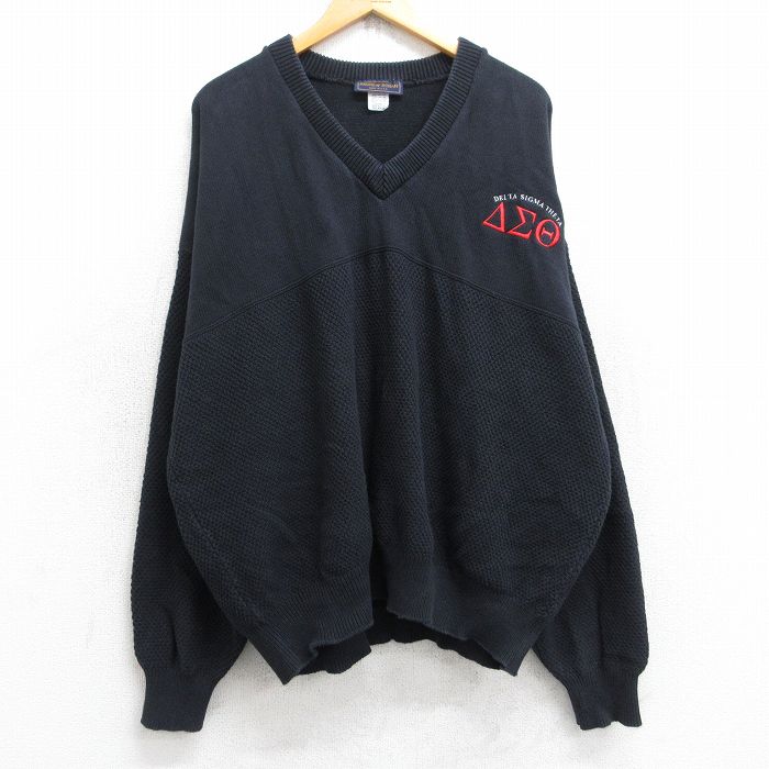 XL★古着 長袖 セーター メンズ 90年代 90s デルタシグマシータ 大きいサイズ コットン Vネック USA製 濃紺系 ネイビー 25sep12 中古 ニット トップス