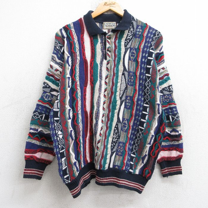 M★古着 COTTON TRADERS 長袖 セーター メンズ 90年代 90s 3Dニット 襟付き 紺他 ネイビー 【spe】 25sep12 中古 ニット トップス