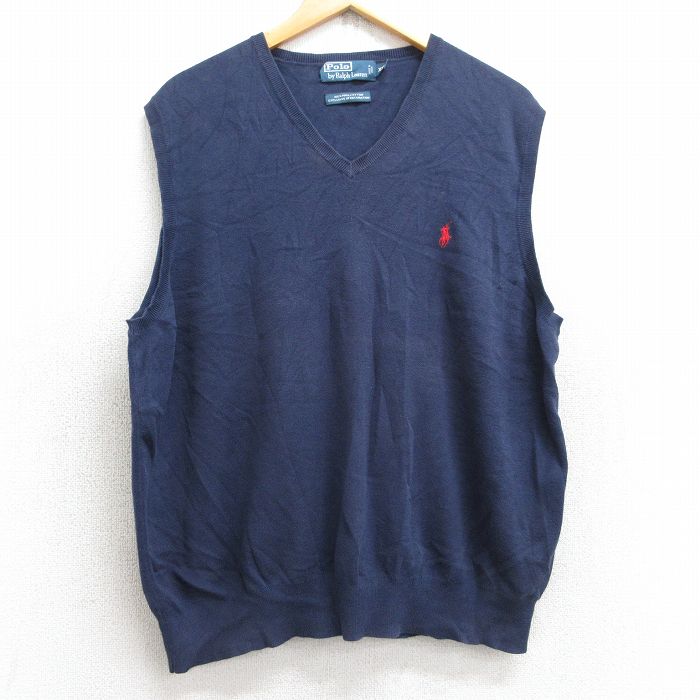 L★古着 ラルフローレン Ralph Lauren ブランド ニット ベスト メンズ 90年代 90s ワンポイントロゴ コットン Vネック 紺 ネイビー 25sep12 中古 トップス