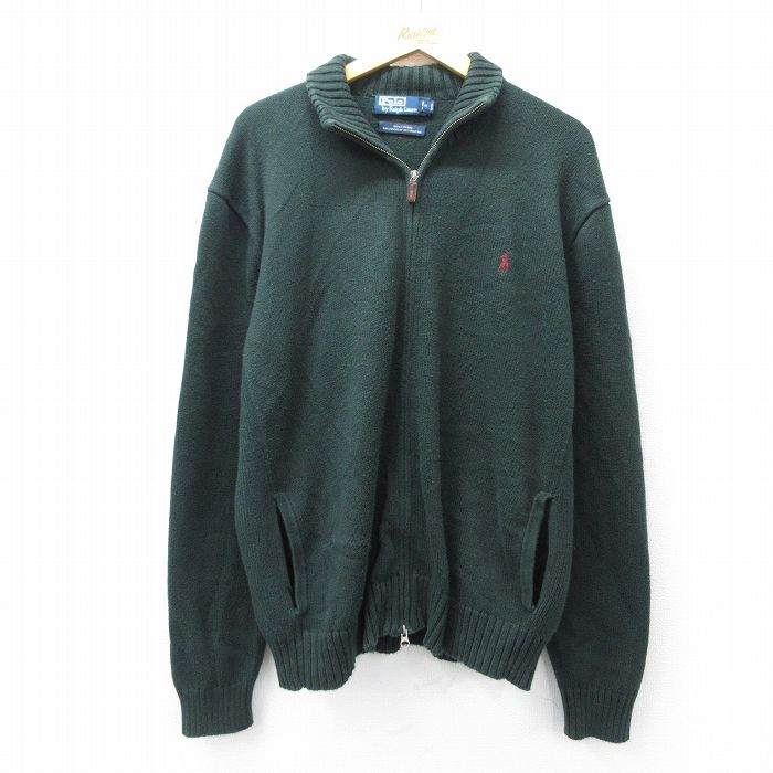 XL★古着 ラルフローレン Ralph Lauren 長袖 ブランド フルジップ ニット カーディガン メンズ 90年代 90s ワンポイントロゴ 大きいサイズ コットン 濃緑 グリーン 【spe】 25sep13 中古 トップス
