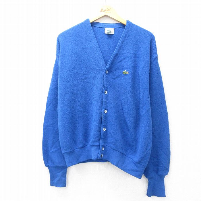 XL★古着 ラコステ LACOSTE IZOD 長袖 ブランド ニット カーディガン メンズ 90年代 90s ワンポイントロゴ アクリル USA製 青 ブルー 25sep13 中古 トップス