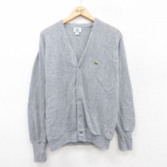 M★古着 ラコステ LACOSTE IZOD 長袖 ニット カーディガン メンズ 90年代 90s ワンポイントロゴ USA製 グレー 霜降り 25sep18 中古 トップス