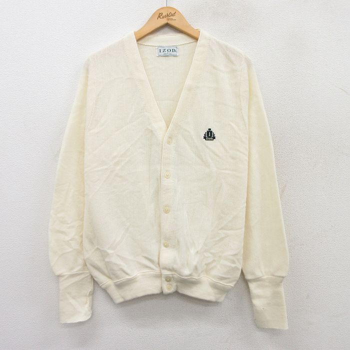 M★古着 IZOD 長袖 ニット カーディガン メンズ 90年代 90s ワンポイントロゴ アクリル USA製 白系 ホワイト 25sep18 中古 トップス