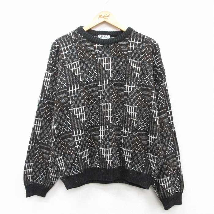 XL★古着 長袖 セーター メンズ 90年代 90s アクリル クルーネック USA製 茶他 ブラウン 25sep18 中古 ニット トップス