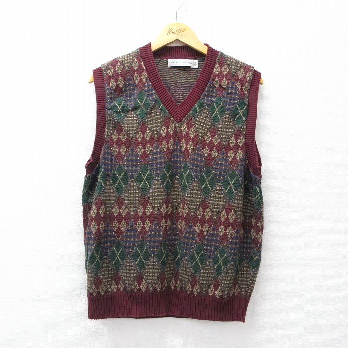 M★古着 ニット ベスト メンズ 90年代 90s アーガイル コットン Vネック USA製 エンジ他 25sep20 中古 トップス