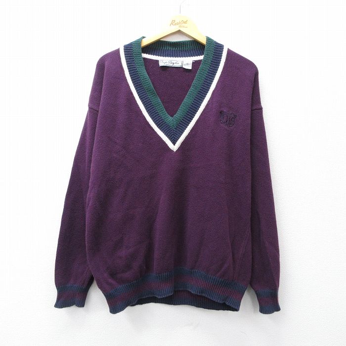 L★古着 ビューグルボーイ 長袖 チルデン セーター メンズ 90年代 90s ワンポイントロゴ コットン Vネック エンジ 25sep26 中古 ニット トップス