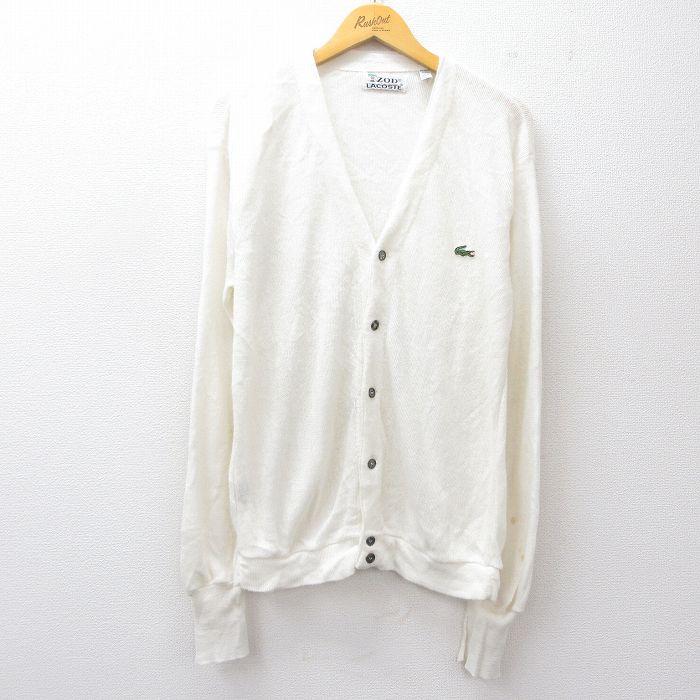 L★古着 ラコステ LACOSTE IZOD 長袖 ニット カーディガン メンズ 80年代 80s ワンポイントロゴ アクリル 白 ホワイト 25sep26 中古 トップス