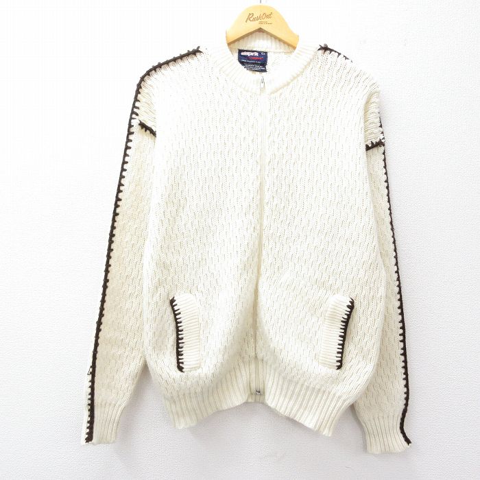 M★古着 キャンパス 長袖 フルジップ ニット カーディガン メンズ 90年代 90s アクリル 白 ホワイト 25sep26 中古 トップス
