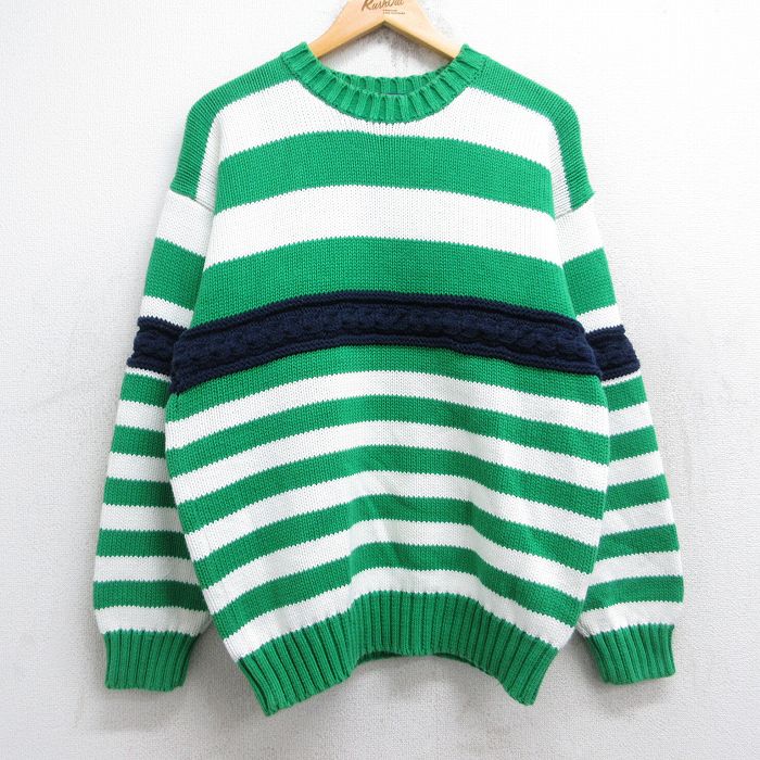 M★古着 トミーヒルフィガー TOMMY HILFIGER 長袖 ブランド セーター メンズ 90年代 90s コットン クルーネック 緑他 グリーン ボーダー 【spe】 25sep27 中古 ニット トップス
