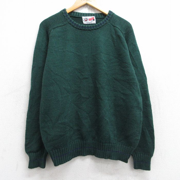 L★古着 アロー 長袖 セーター メンズ 90年代 90s 無地 ラグラン アクリル クルーネック 濃緑 グリーン 25sep27 中古 ニット トップス