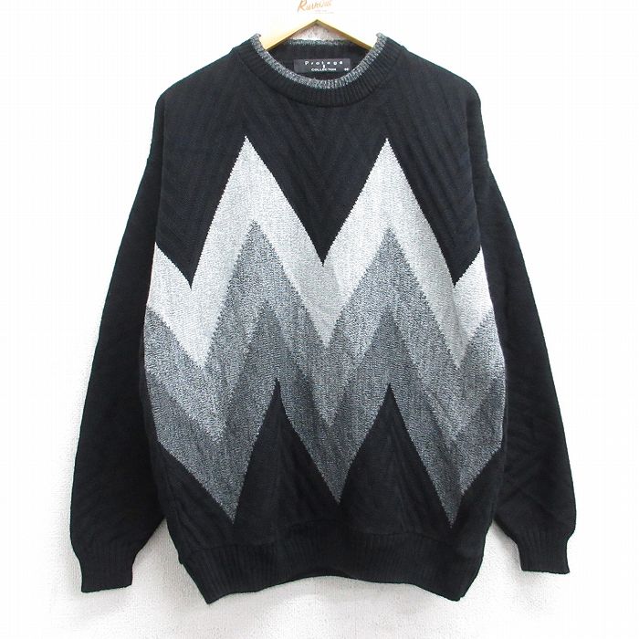 L★古着 長袖 セーター メンズ 90年代 90s アクリル クルーネック USA製 黒他 ブラック 25sep27 中古 ニット トップス