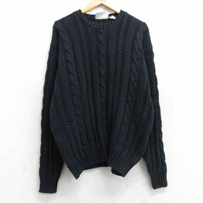 XL★古着 長袖 ケーブル セーター メンズ 90年代 90s コットン クルーネック 黒 ブラック 25sep27 中古 ニット トップス
