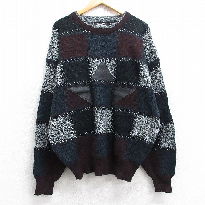 XL★古着 長袖 セーター メンズ 90年代 90s レザー使用 アクリル クルーネック 黒他 ブラック 25sep27 中古 ニット トップス