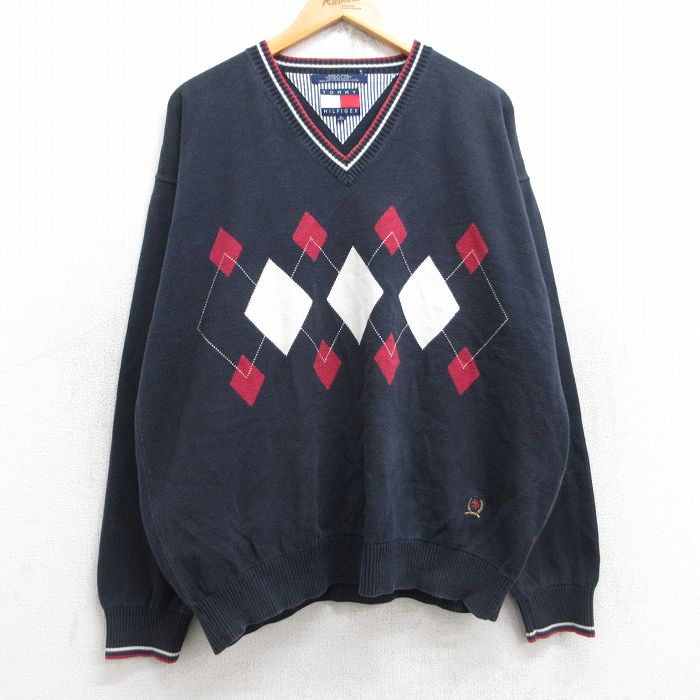 XL★古着 トミーヒルフィガー TOMMY HILFIGER 長袖 ブランド セーター メンズ 90年代 90s アーガイル ワンポイントロゴ コットン Vネック 紺 ネイビー 25sep27 中古 ニット トップス