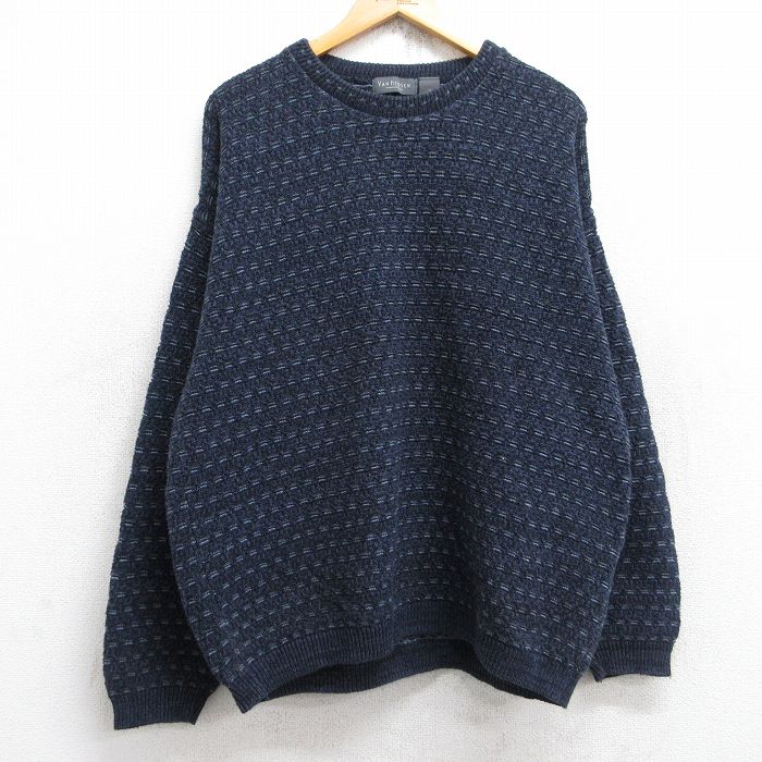 XL★古着 バンヒューセン 長袖 セーター メンズ 90年代 90s クルーネック USA製 紺他 ネイビー 25sep27 中古 ニット トップス