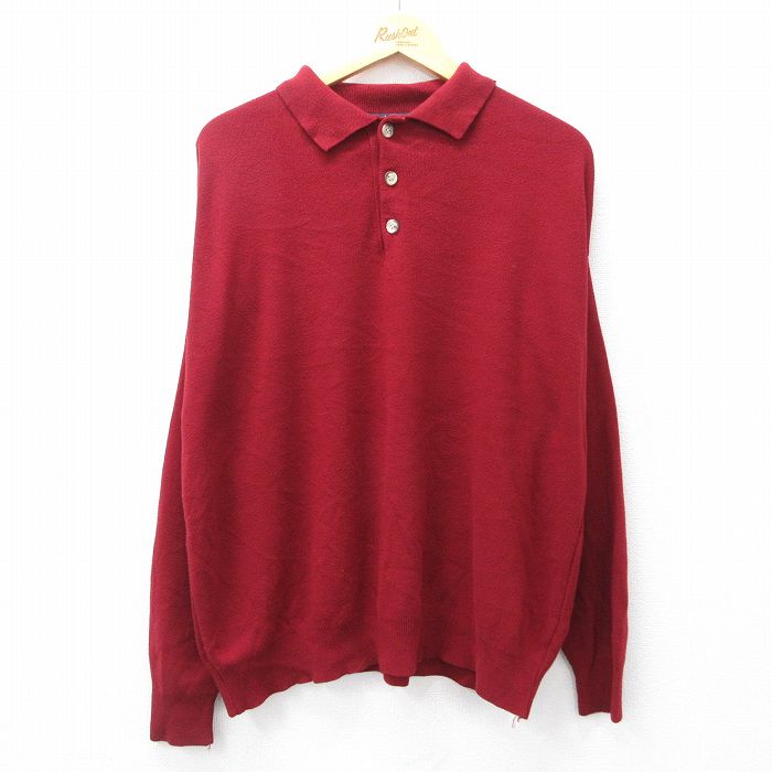 XL★古着 長袖 セーター メンズ 90年代 90s 無地 襟付き 大きいサイズ アクリル USA製 エンジ 25sep27 中古 ニット トップス