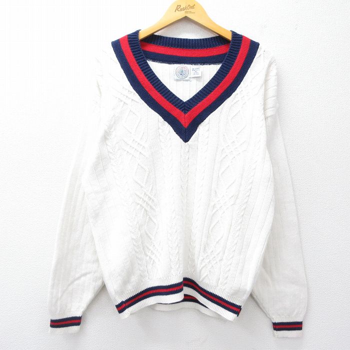 L★古着 長袖 ケーブル チルデン セーター メンズ 90年代 90s アクリル Vネック USA製 白 ホワイト 25sep27 中古 ニット トップス