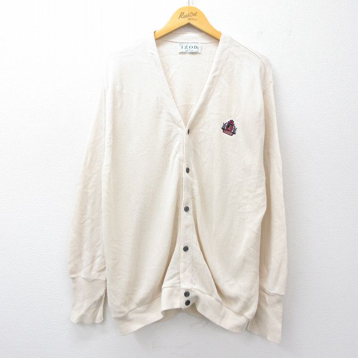【20%OFF】XL★古着 IZOD 長袖 ニット カーディガン メンズ 90年代 90s ワンポイントロゴ USA製 生成り 25sep27 中古 トップス