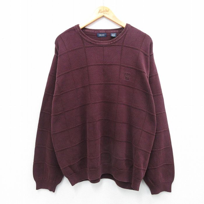 XL★古着 IZOD 長袖 セーター メンズ ワンポイントロゴ コットン クルーネック エンジ チェック 25sep27 中古 ニット トップス