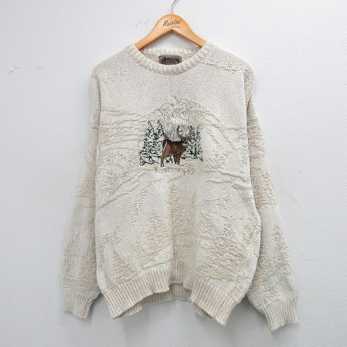 【50%OFF】90s 長袖セーター シカ刺繍 ベージュ XL | 古着