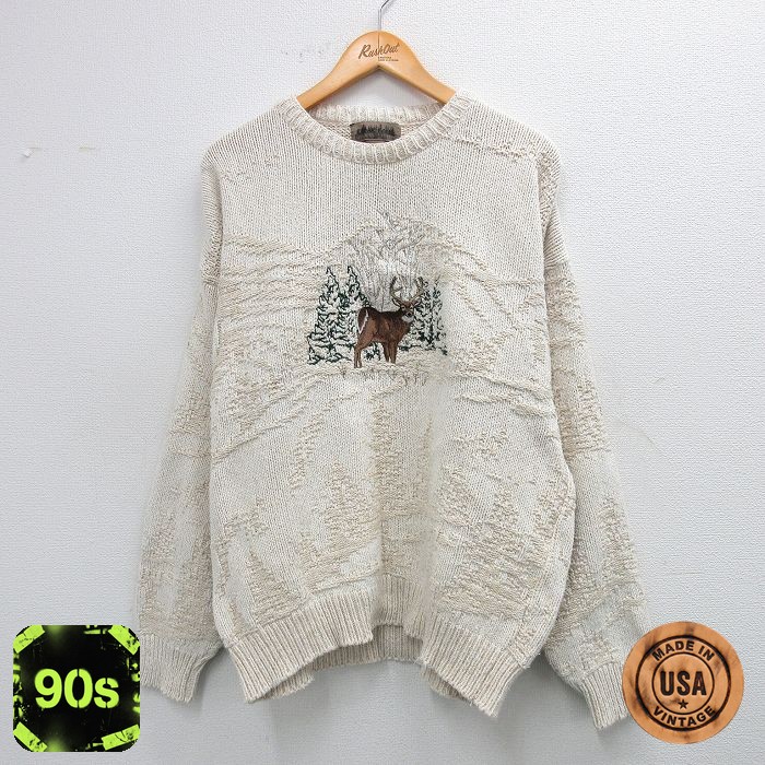 90s 長袖セーター シカ刺繍 ベージュ XL | 古着