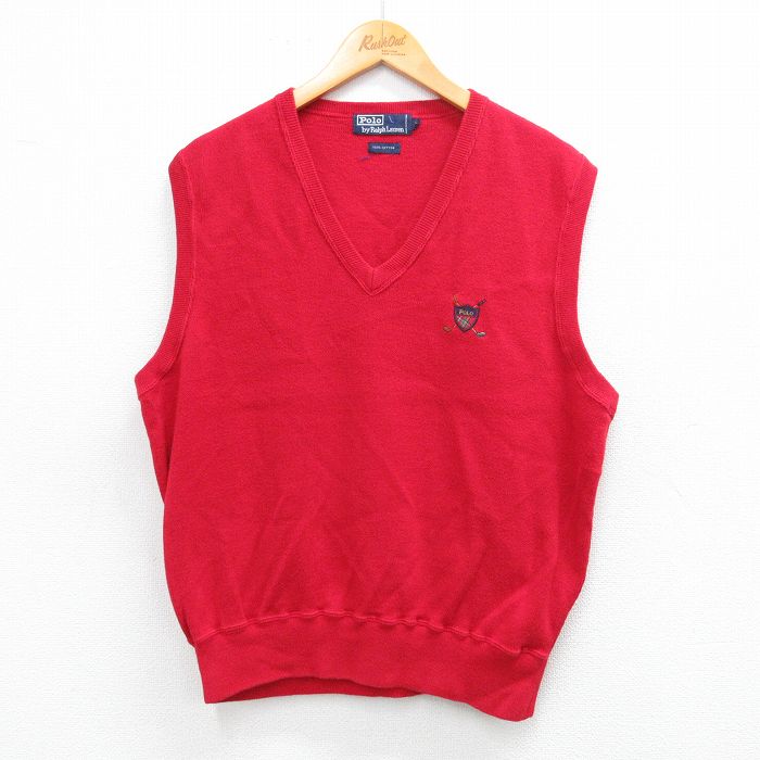 L★古着 ラルフローレン Ralph Lauren ブランド ニット ベスト メンズ 90年代 90s ワンポイントロゴ ゴルフ コットン Vネック 赤 レッド 【spe】 25sep27 中古 トップス
