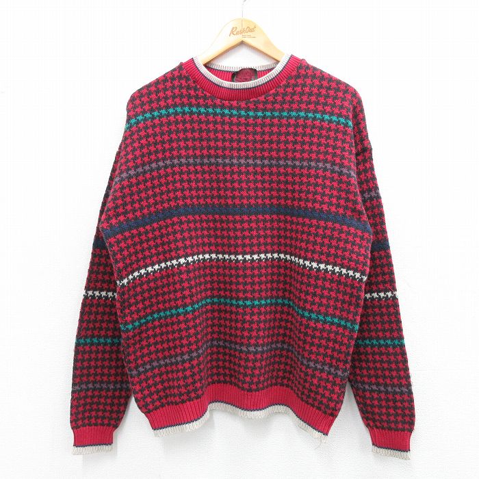 M★古着 長袖 セーター メンズ 90年代 90s 千鳥格子 クルーネック 赤他 レッド 25sep27 中古 ニット トップス