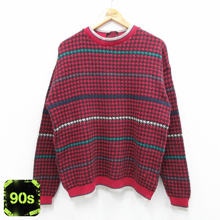 90s 長袖セーター 千鳥格子 レッド M | 古着