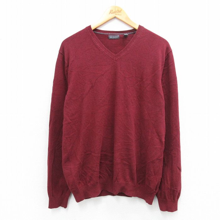 L★古着 バンヒューセン 長袖 セーター メンズ 無地 Vネック エンジ 25sep27 中古 ニット トップス