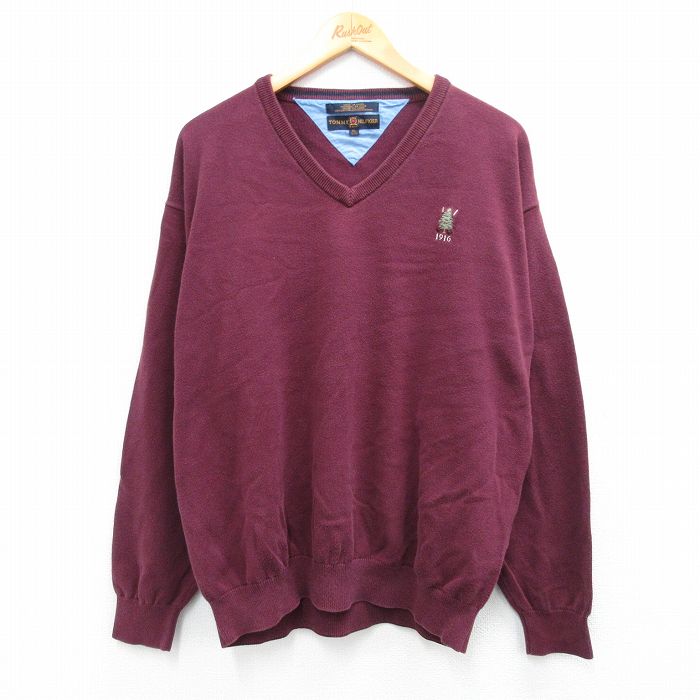 XL★古着 トミーヒルフィガー TOMMY HILFIGER 長袖 ブランド セーター メンズ 90年代 90s ワンポイントロゴ ゴルフ コットン Vネック エンジ 25sep27 中古 ニット トップス
