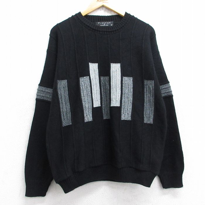 L★古着 長袖 セーター メンズ 90年代 90s アクリル クルーネック USA製 黒他 ブラック 25sep27 中古 ニット トップス