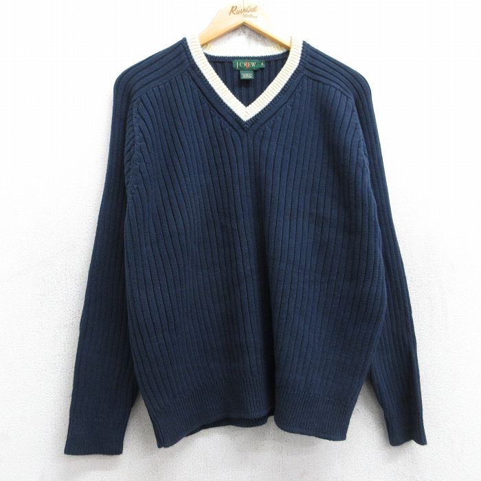 L★古着 ジェイクルー J.CREW 長袖 セーター メンズ 90年代 90s 無地ラグラン コットン Vネック 紺 ネイビー 【spe】 25sep27 中古 ニット トップス
