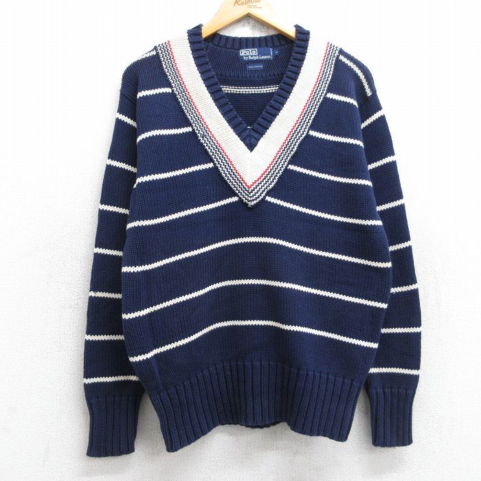 M★古着 ラルフローレン Ralph Lauren 長袖 ブランド チルデン セーター メンズ 90年代 90s コットン Vネック 紺他 ネイビー ボーダー 【spe】 25sep27 中古 ニット トップス