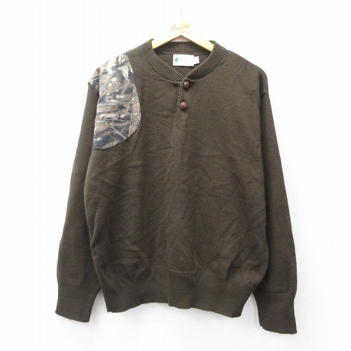 L★古着 長袖 セーター メンズ 00年代 00s 肩当て アクリル ヘンリーネック 濃茶他 ブラウン 25sep29 中古 ニット トップス
