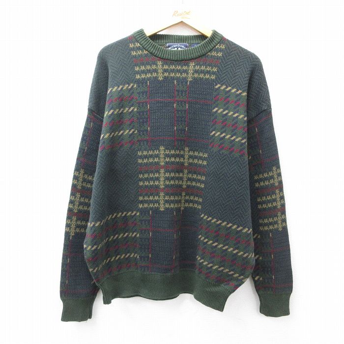 XL★古着 長袖 セーター メンズ 00年代 00s コットン クルーネック 緑他 グリーン 25sep29 中古 ニット トップス