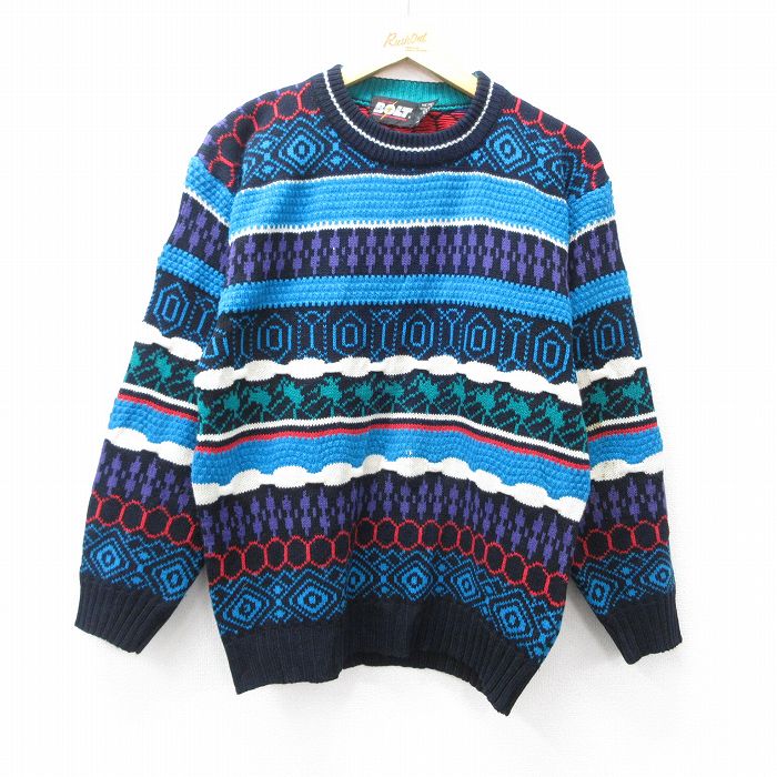 【20%OFF】S★古着 長袖 セーター メンズ 90年代 90s アクリル クルーネック 水色他 25sep29 中古 ニット トップス
