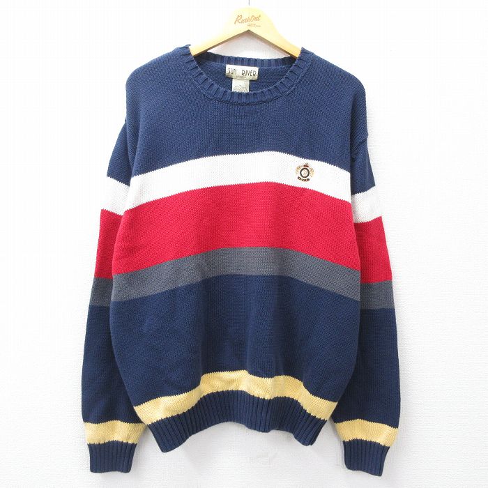 XL★古着 長袖 セーター メンズ コットン クルーネック 紺他 ネイビー 25sep29 中古 ニット トップス