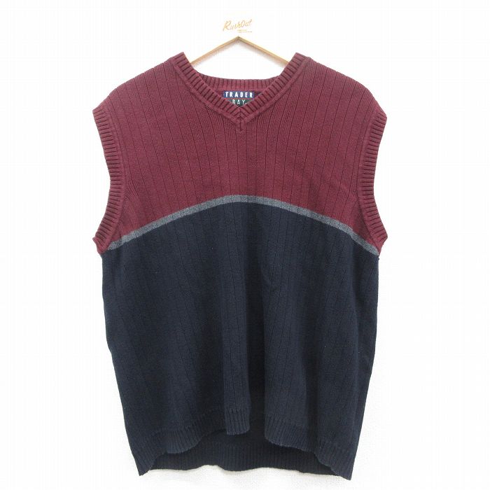 【20%OFF】L★古着 TRADER BAY ニット ベスト メンズ 90年代 90s コットン Vネック エンジ他 25sep29 中古 トップス