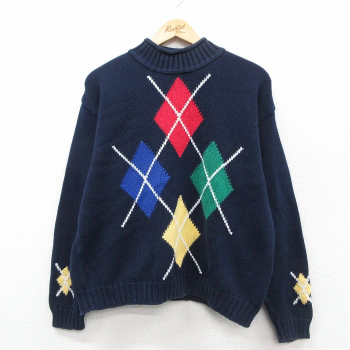 L★古着 Liz sport 長袖 セーター メンズ 90年代 90s アーガイル コットン モックネック ハイネック USA製 紺他 ネイビー 25sep29 中古 ニット トップス
