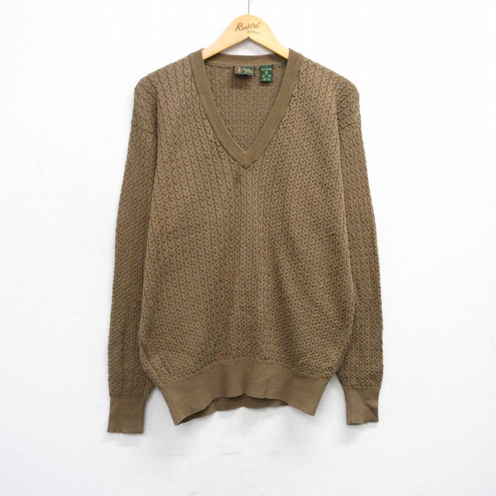 XL★古着 長袖 ケーブル セーター メンズ コットン Vネック 茶 ブラウン 25sep29 中古 ニット トップス