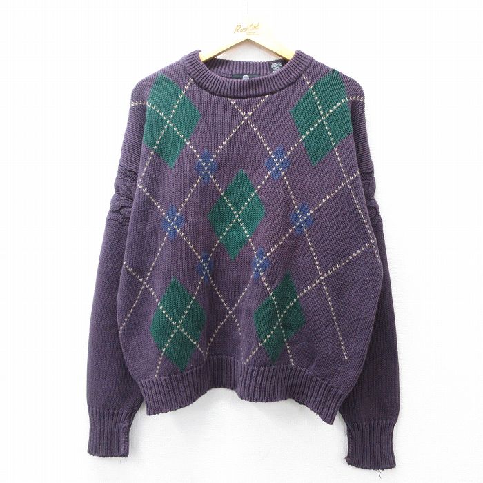 XL★古着 STRUCTURE 長袖 セーター メンズ アーガイル クルーネック 紫他 パープル 25sep29 中古 ニット トップス
