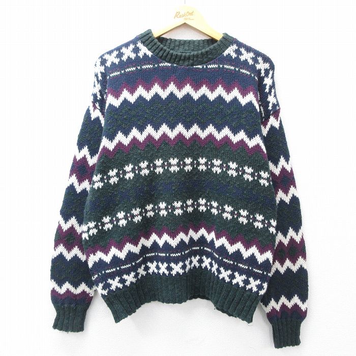 L★古着 長袖 セーター メンズ 90年代 90s コットン クルーネック USA製 緑他 グリーン 25sep29 中古 ニット トップス