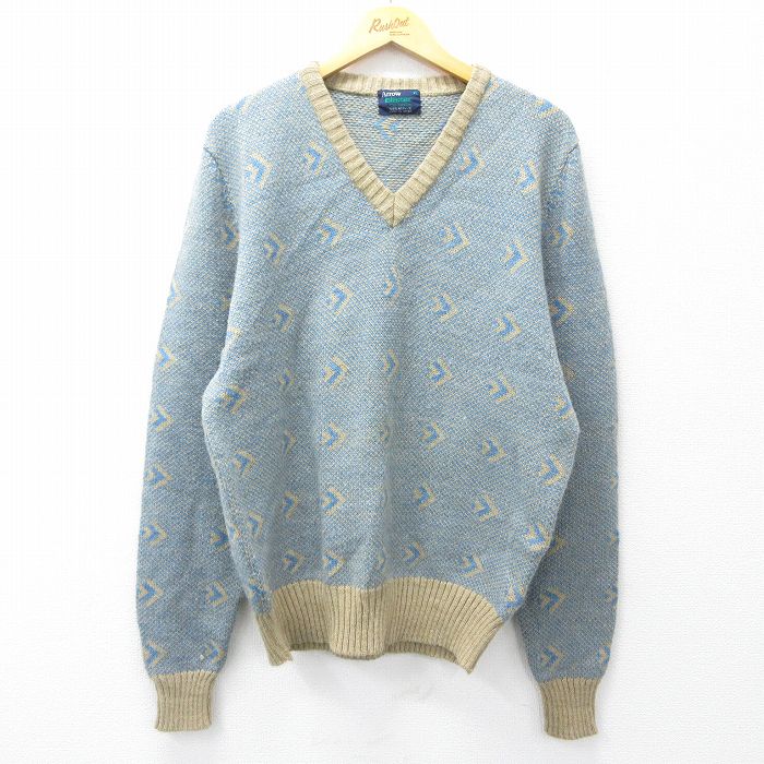 【20%OFF】L★古着 アロー 長袖 セーター メンズ 80年代 80s アクリル Vネック ベージュ他 カーキ 25sep29 中古 ニット トップス
