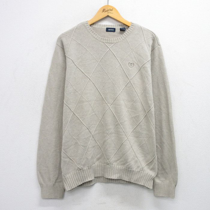 XL★古着 IZOD 長袖 セーター メンズ コットン クルーネック ベージュ系 カーキ 25sep30 中古 ニット トップス