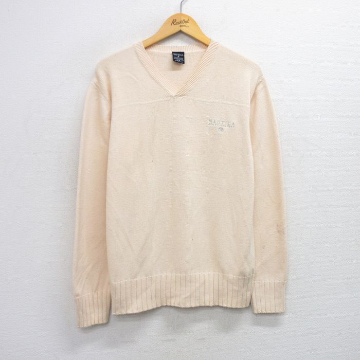 L★古着 ノーティカ NAUTICA 長袖 ブランド セーター メンズ ワンポイントロゴ コットン Vネック 生成り 25sep30 中古 ニット トップス