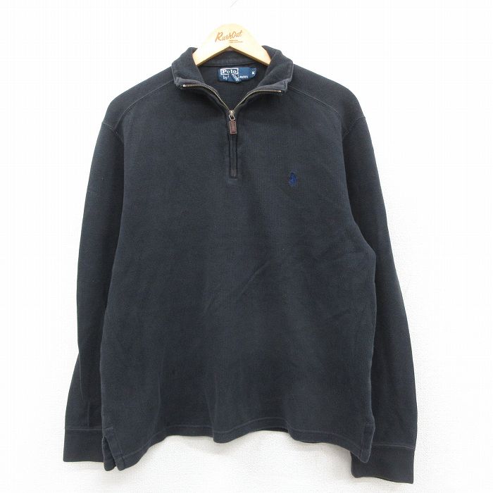L★古着 ラルフローレン Ralph Lauren 長袖 ブランド ハーフジップ セーター メンズ 90年代 90s ワンポイントロゴ コットン 黒 ブラック 25sep30 中古 ニット トップス