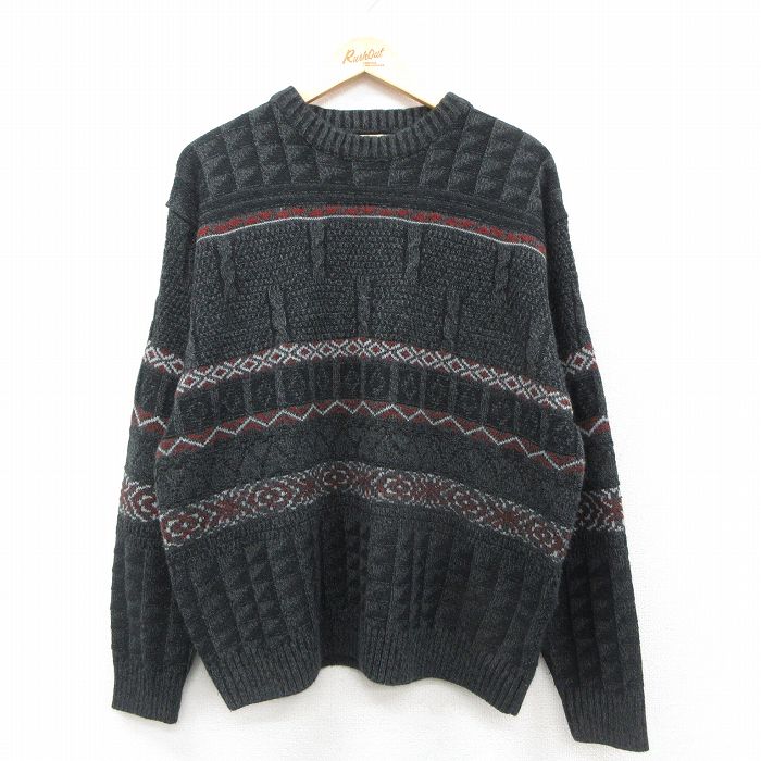 XL★古着 マンシングウェア 長袖 セーター メンズ アクリル クルーネック 黒他 ブラック 25sep30 中古 ニット トップス