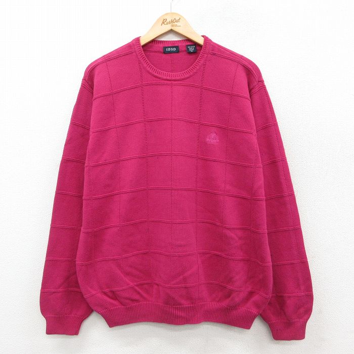 XL★古着 IZOD 長袖 セーター メンズ ワンポイントロゴ コットン クルーネック 濃ピンク チェック 25sep30 中古 ニット トップス