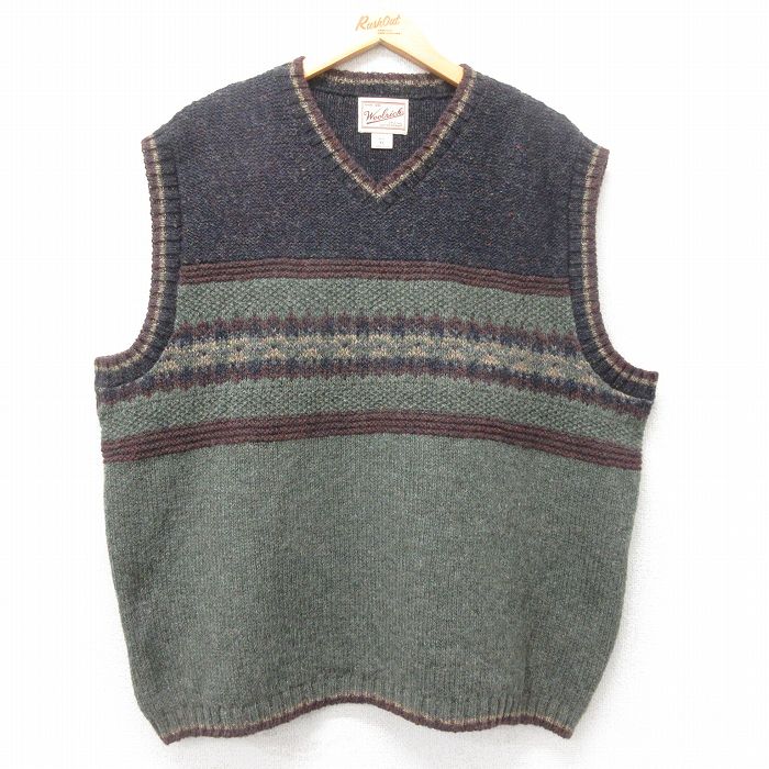 XL★古着 ウールリッチ WOOLRICH ニット ベスト メンズ 90年代 90s ウール Vネック USA製 緑系他 グリーン 25sep30 中古 トップス